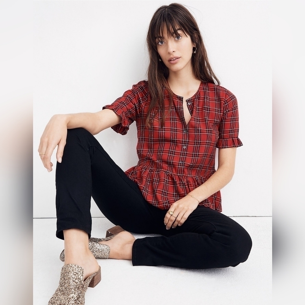 Madewell Studio Ruffle Hem Top In Clanton Plaid Size XS
